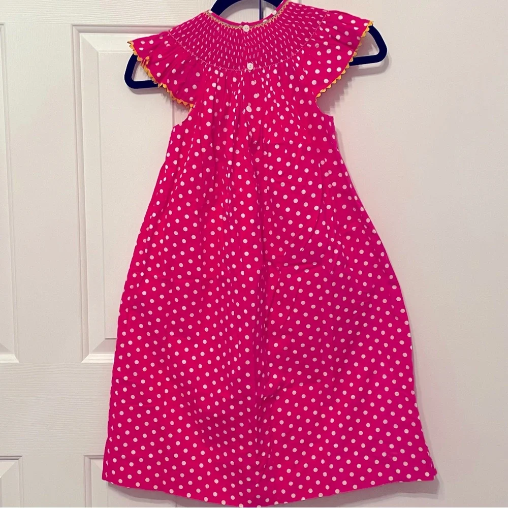 Mom & Me Girls Pink White Polka Dot Smoked Cotton Dress Sz 7